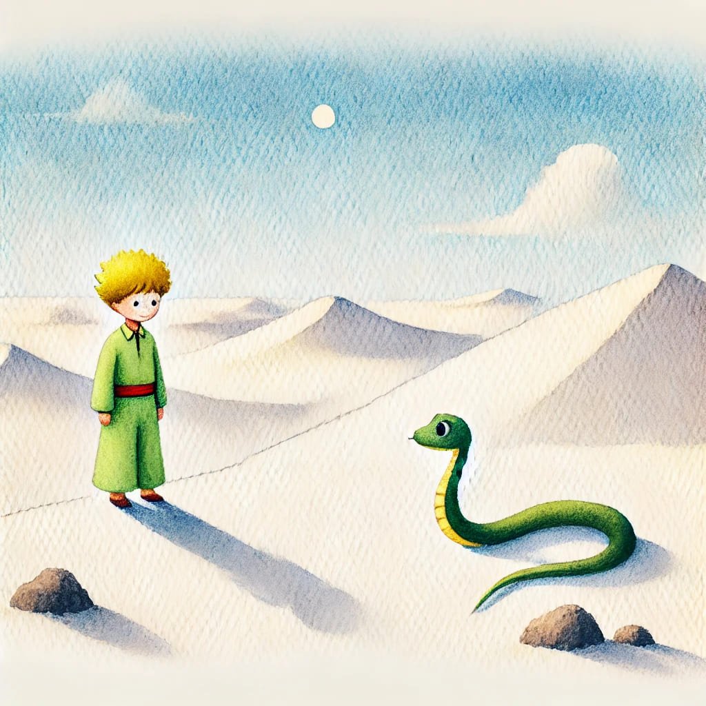 Principito en su encuentro con la serpiente en el desierto, capturando el misterio y simplicidad de la escena