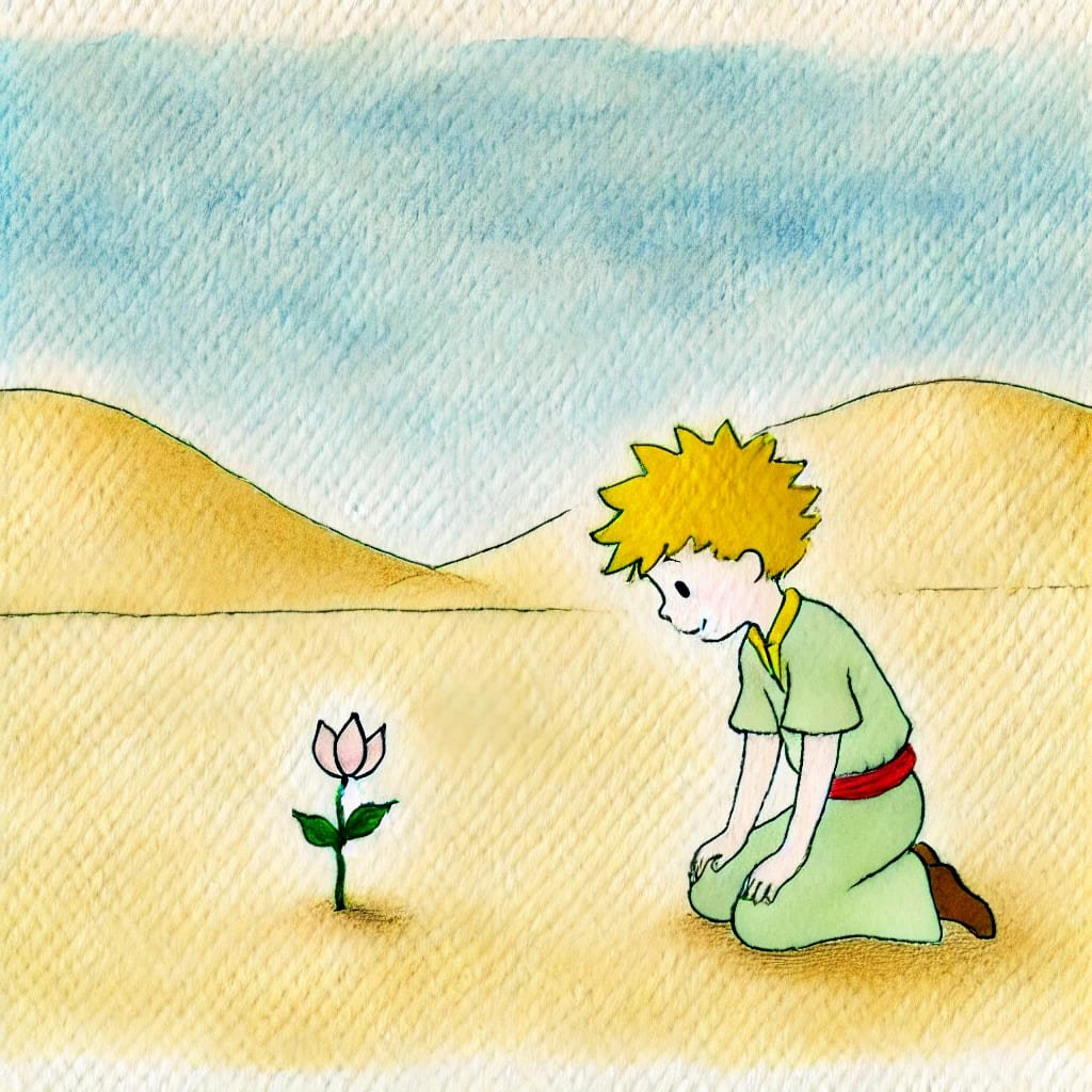 el encuentro del Principito con una pequeña flor solitaria en el desierto