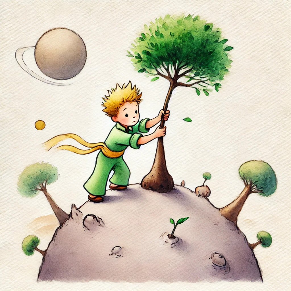 Principito en su planeta mientras intenta arrancar un baobab joven antes de que crezca demasiado