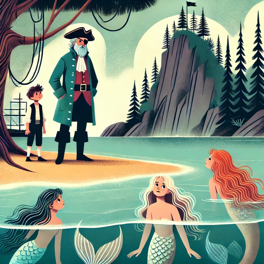 ilustración de La Isla de las Sirenas, con las sirenas dentro del agua mientras Saint Nick y Sam las observan desde la orilla