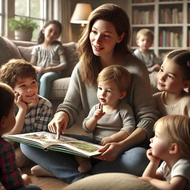 una madre leyendo un cuento a un grupo pequeño de niños